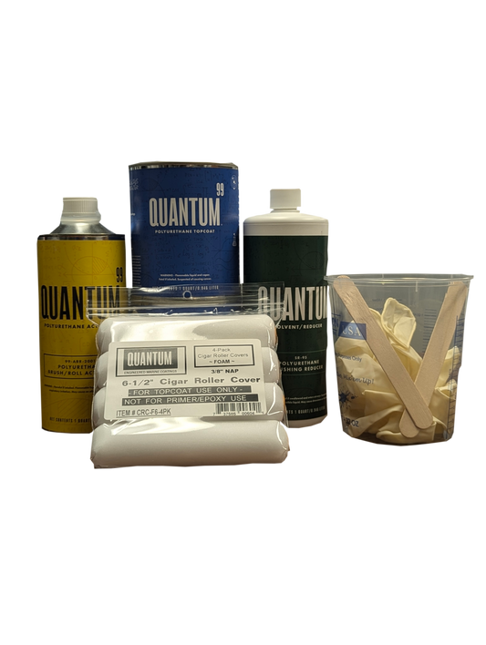 Displayed is the all the items that come with a 28 foot brush kit from left to right 1 qt brushing activator, 1 pack of mohair foam rollers, 2 qts of Quantum 99 Base Coat, 1 qt solvent brushing reducer, 1 32 oz measuring cup, 2 stirs sticks and 1 pair of gloves inside the measuring the cup.