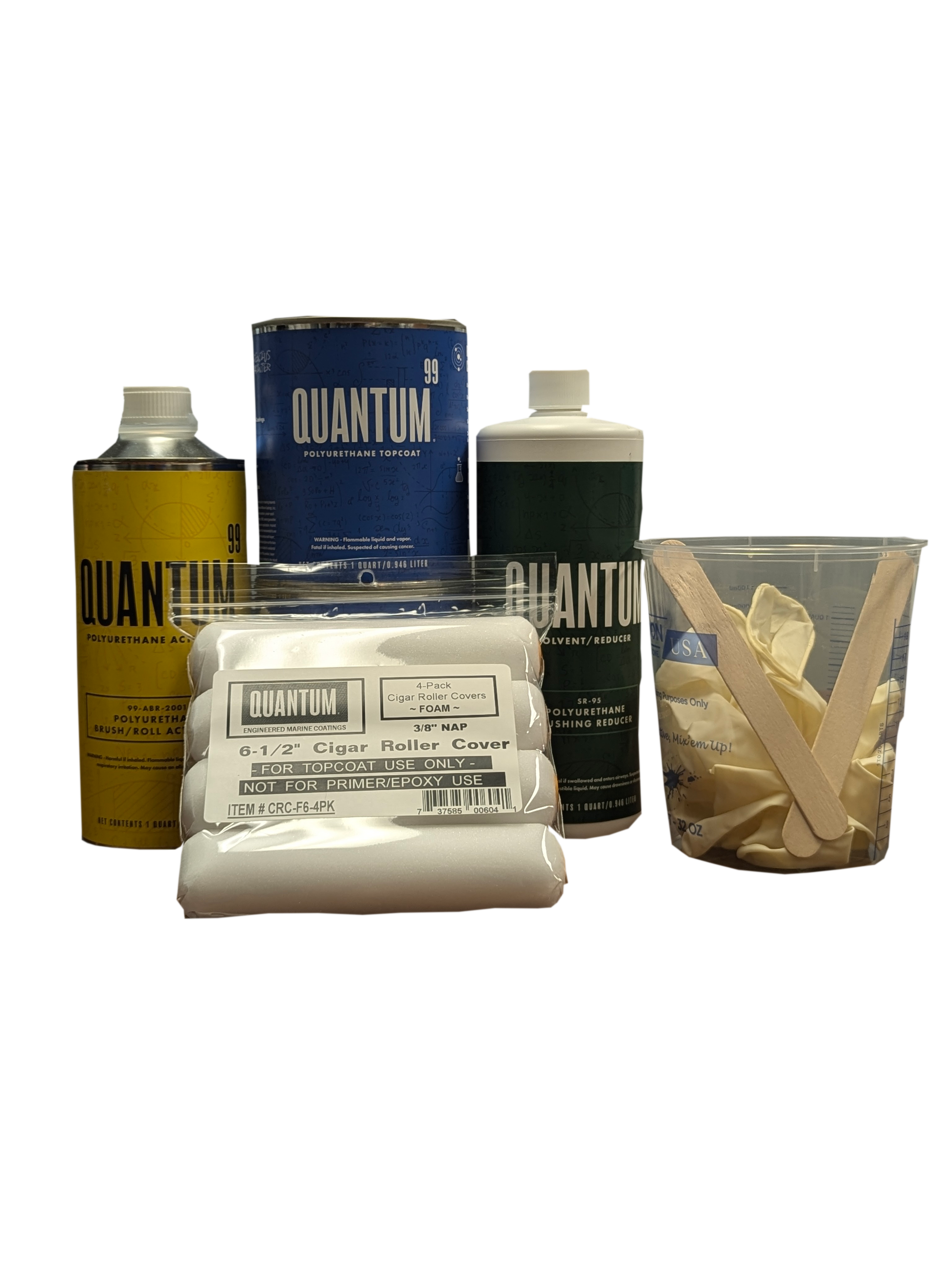 Displayed is the all the items that come with a 28 foot brush kit from left to right 1 qt brushing activator, 1 pack of mohair foam rollers, 2 qts of Quantum 99 Base Coat, 1 qt solvent brushing reducer, 1 32 oz measuring cup, 2 stirs sticks and 1 pair of gloves inside the measuring the cup. 